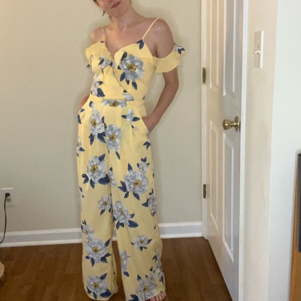 SOLD J.O.A. Butter Yellow Floral Ruffle Jumpsuit - Picture 5 of 9